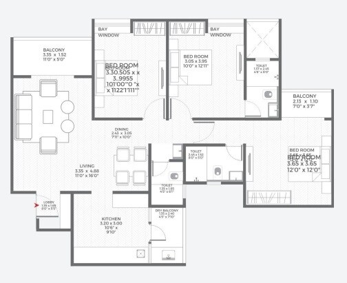 Floor plan of 3 BHK 1100 Sq. Ft. Apartment in Engineers Horizon The Trinity, Pune