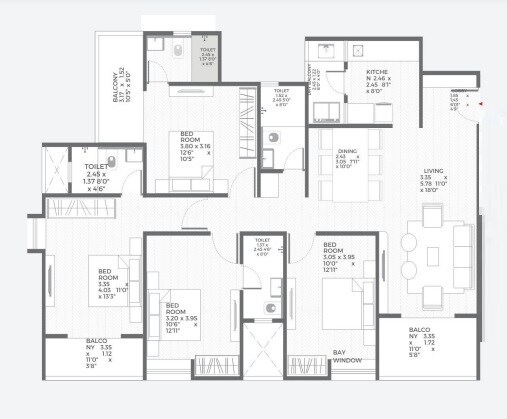 Floor plan of 4 BHK 1400 Sq. Ft. Apartment in Engineers Horizon The Trinity, Pune