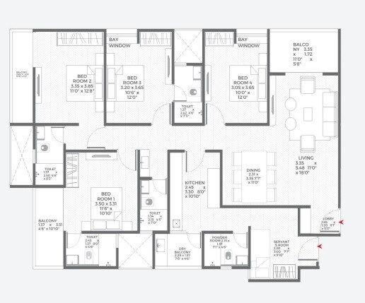 4 BHK 1600 Sq. Ft. Apartment