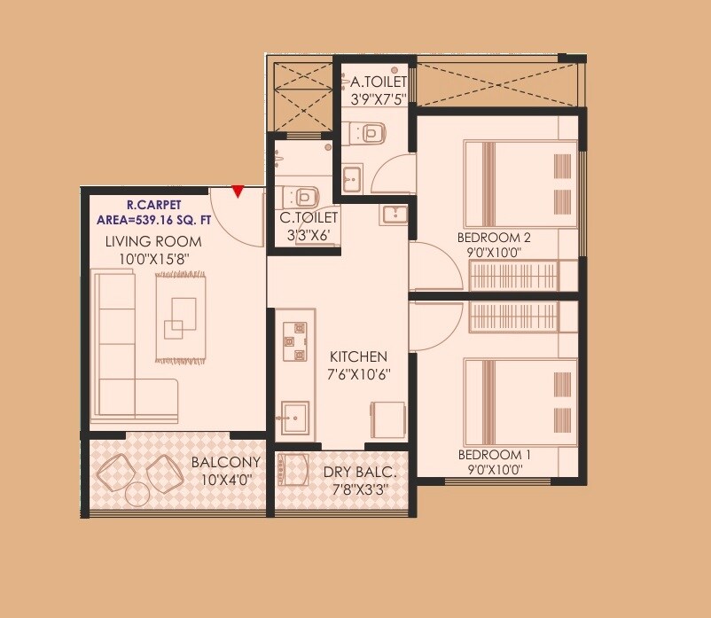 Floor plan of 2 BHK Apartment - 539 sq. ft. in Enrich Rajchhaya Heights, Pune
