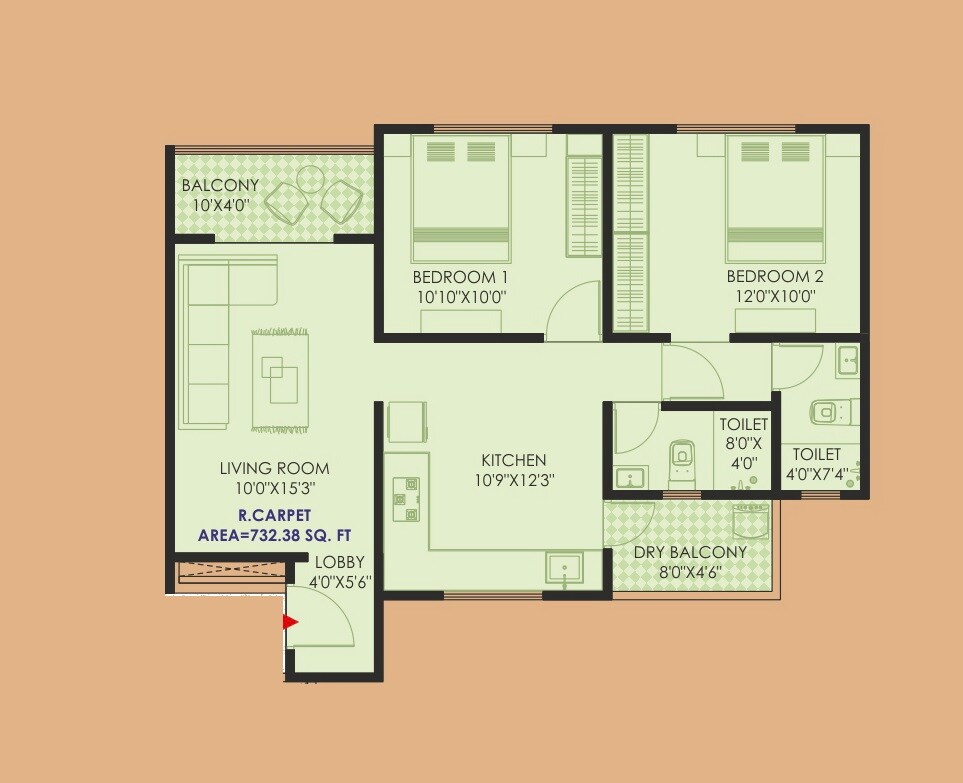 Floor plan of 2 BHK Apartment - 732 sq. ft. in Enrich Rajchhaya Heights, Pune