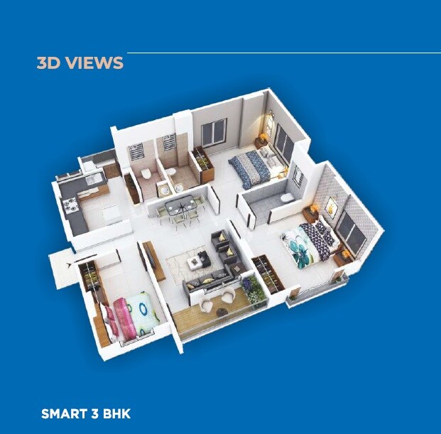 Floor plan of 3 BHK 877 Sq. Ft. Apartment in Epitomee Radiance Residency, Pune