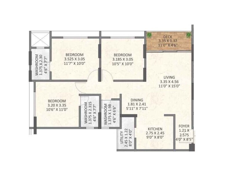 Floor plan of 3 BHK 932 Sq. Ft. Apartment in Esbee Azura, Pune