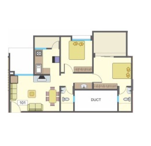 Floor plan of 2 BHK 665 Sq. Ft. Apartment in Essen Aishwaryam Courtyard Phase I, Pune