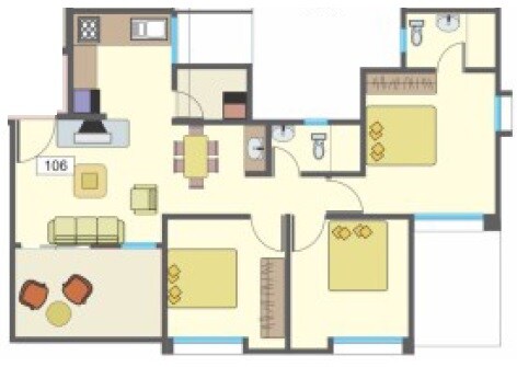 Floor plan of 3 BHK 1059 Sq. Ft. Apartment in Essen Aishwaryam Courtyard Phase I, Pune