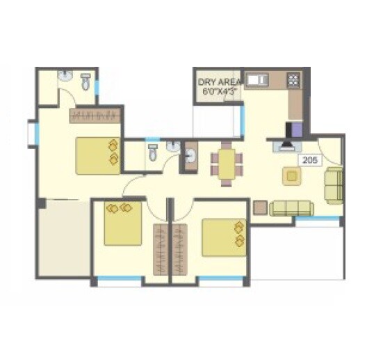 Floor plan of 3 BHK 732 Sq. Ft. Apartment in Essen Aishwaryam Courtyard Phase I, Pune