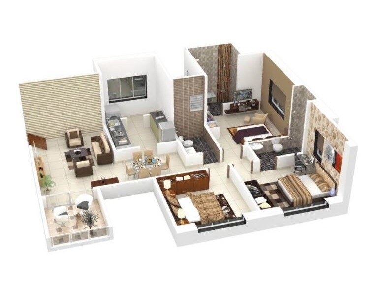Floor plan of 3 BHK 732 Sq. Ft. Apartment in Essen Aishwaryam Courtyard Phase II, Pune