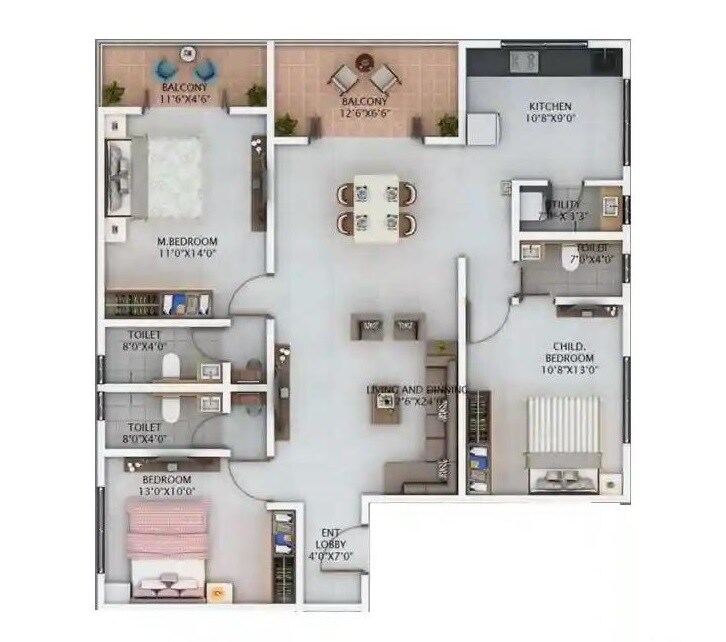 Floor plan of 3 BHK 1191 Sq. Ft. Apartment in Essen Aishwaryam Gemstone, Pune