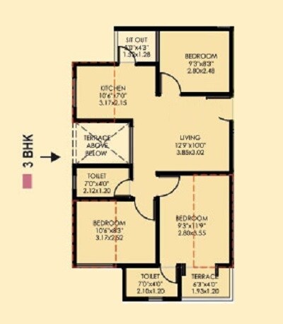Floor plan of 3 BHK 447 Sq. Ft. Apartment in Essen Aishwaryam Hamara Phase II, Pune
