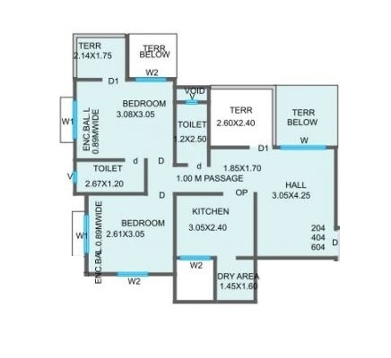 Floor plan of 2 BHK 727 Sq. Ft. Apartment in Essen Aishwaryam Melody, Pune