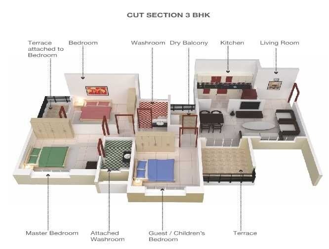 Floor plan of 3 BHK 731 Sq. Ft. Apartment in Essen Shonest Towers, Pune