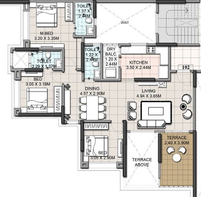 Floor plan of 3 BHK 1016 Sq. Ft. Apartment in Ethique Hrishikesh CHS, Pune