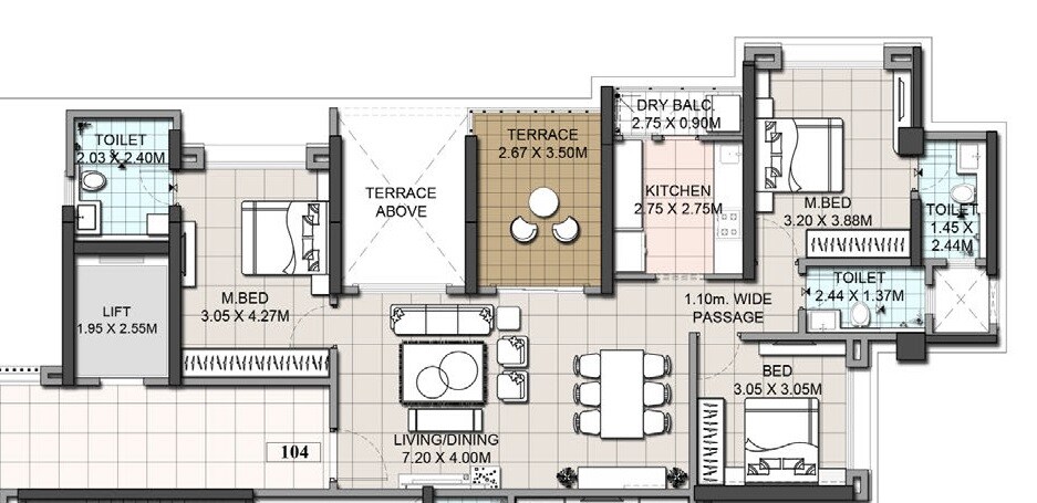 Floor plan of 3 BHK 1333 Sq. Ft. Apartment in Ethique Hrishikesh CHS, Pune