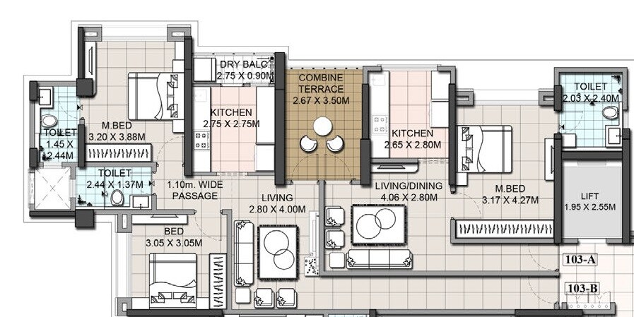 Floor plan of 3 BHK 1375 Sq. Ft. Apartment in Ethique Hrishikesh CHS, Pune