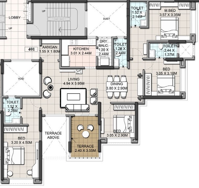 Floor plan of 4 BHK 1597 Sq. Ft. Apartment in Ethique Hrishikesh CHS, Pune
