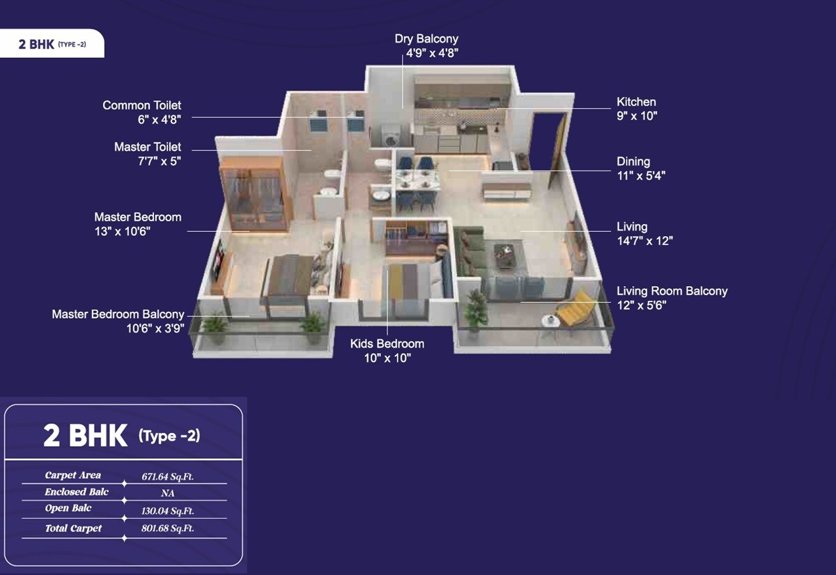 Floor plan of 2 BHK 802 Sq. Ft. Apartment in Evernest Empressa, Pune