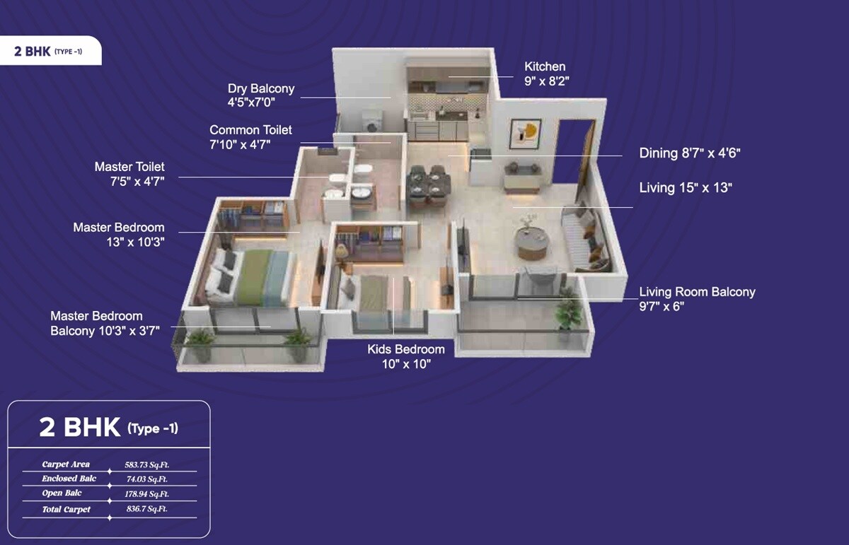 Floor plan of 2 BHK 836 Sq. Ft. Apartment in Evernest Empressa, Pune