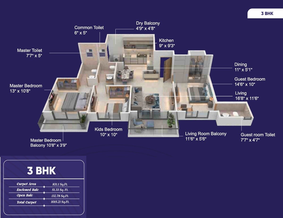 Floor plan of 3 BHK 1016 Sq. Ft. Apartment in Evernest Empressa, Pune