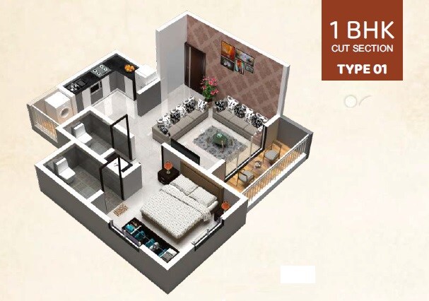 Floor plan of 1 BHK 459 Sq. Ft. Apartment in Evernest Shivshrushti, Pune