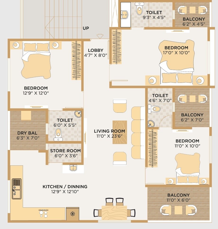 Floor plan of 3 BHK 1231 Sq. Ft. Apartment in Evexia Imperia, Pune