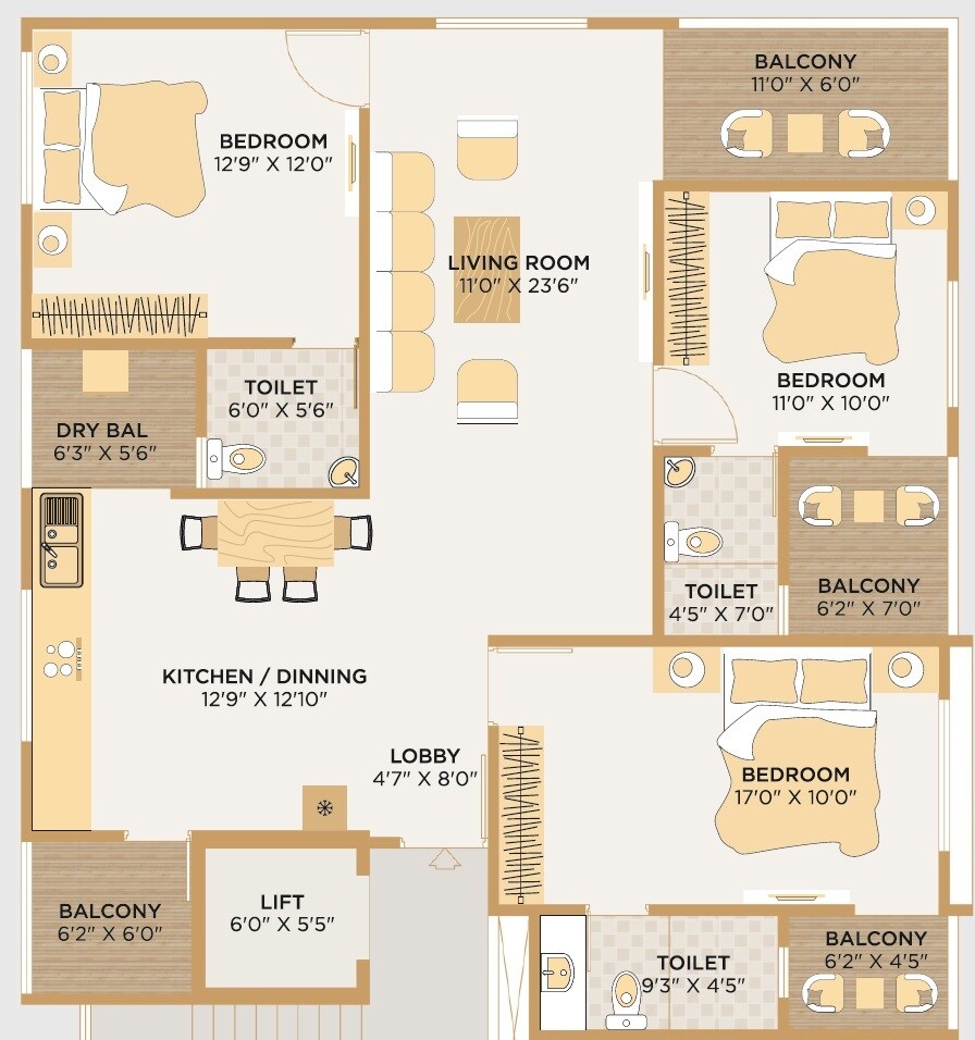 Floor plan of 3 BHK 1265 Sq. Ft. Apartment in Evexia Imperia, Pune