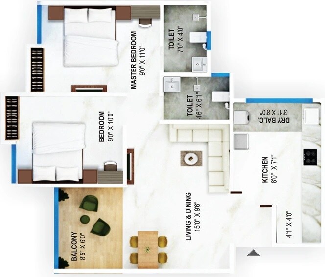 2 BHK 581 Sq. Ft. Apartment