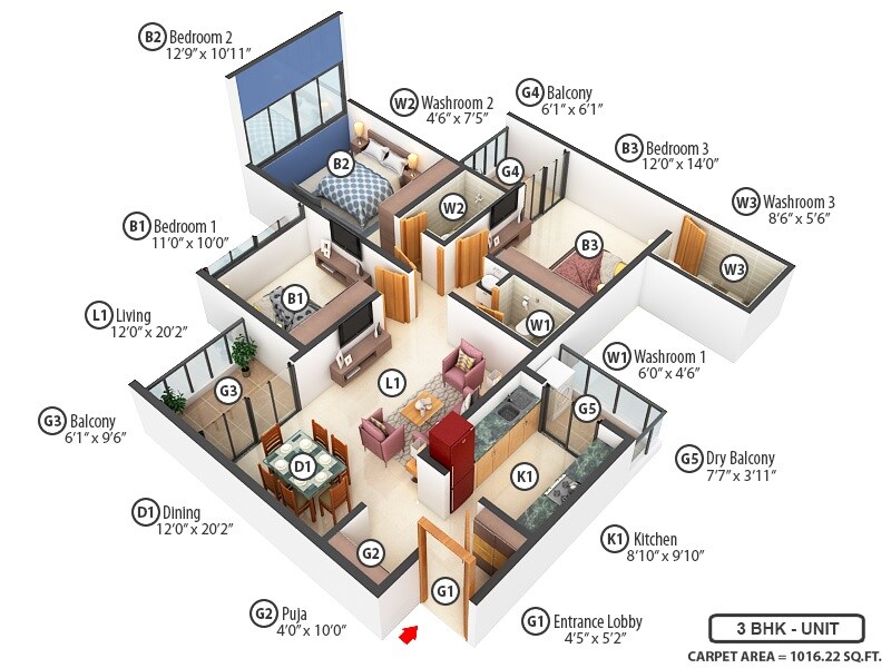 Floor plan of 3 BHK 1267 Sq. Ft. Apartment in Excellaa Prospera, Pune