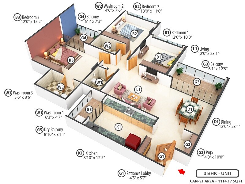 Floor plan of 3 BHK 1139 Sq. Ft. Apartment in Excellaa Prospera, Pune
