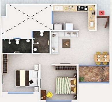 Floor plan of 2 BHK 582 Sq. Ft. Apartment in Excellaa Tremont, Pune