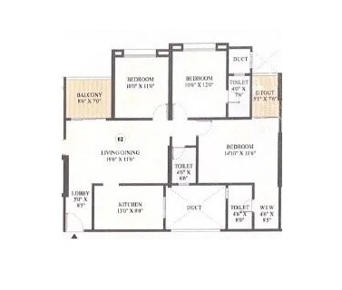 Floor plan of 3 BHK 1182 Sq. Ft. Apartment in Excellaa Tremont, Pune