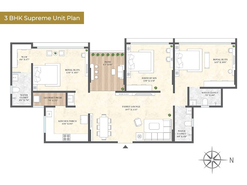 Floor plan of 3 BHK 1005 Sq. Ft. Apartment in Excellaa Virtu, Pune