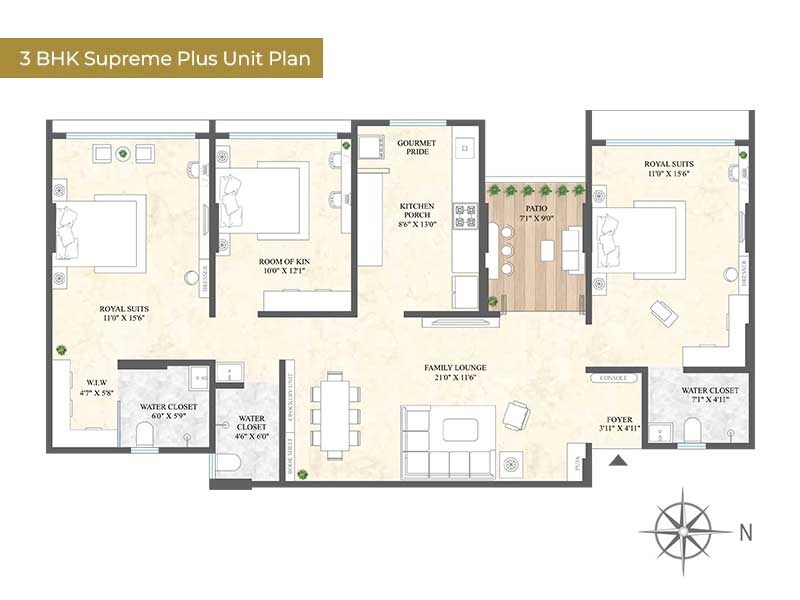 Floor plan of 3 BHK 1091 Sq. Ft. Apartment in Excellaa Virtu, Pune