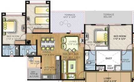 Floor plan of 3 BHK 1441 Sq. Ft. Apartment in Expat Genesis, Pune