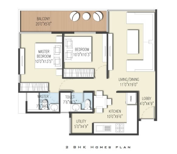 Floor plan of 2 BHK 1130 Sq. Ft. Apartment in Expat Sereno Lake Homes, Pune