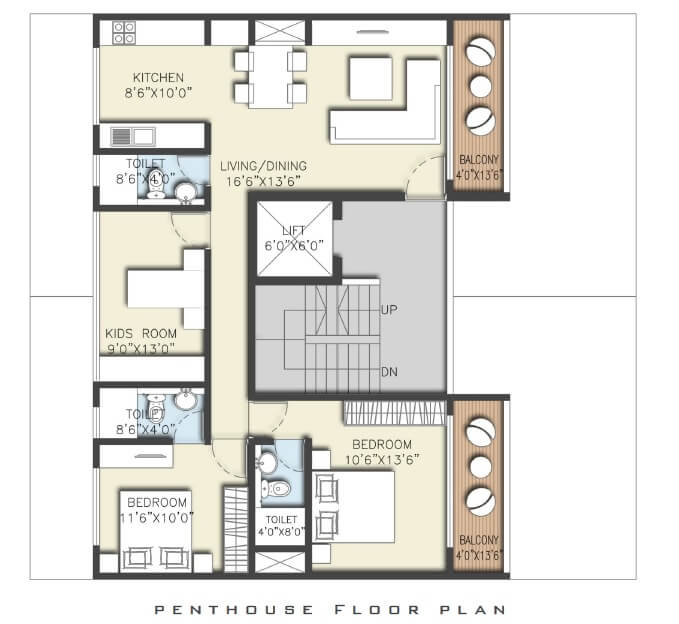 Floor plan of 2 BHK 1400 Sq. Ft. Penthouse in Expat Sereno Lake Homes, Pune
