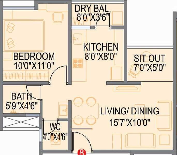 Floor plan of 1 BHK 435 Sq. Ft. Apartment in F5 Epic, Pune