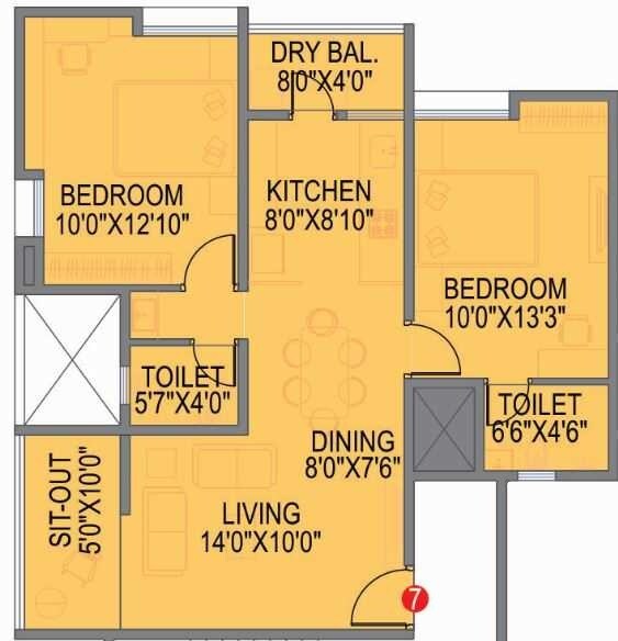Floor plan of 2 BHK 583 Sq. Ft. Apartment in F5 Epic, Pune