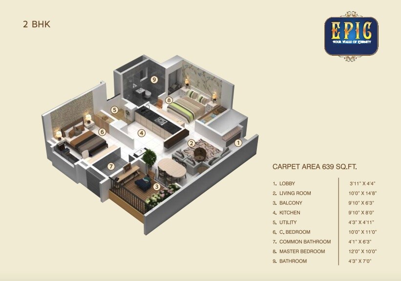 Floor plan of 2 BHK 639 Sq. Ft. Apartment in F5 Epic, Pune