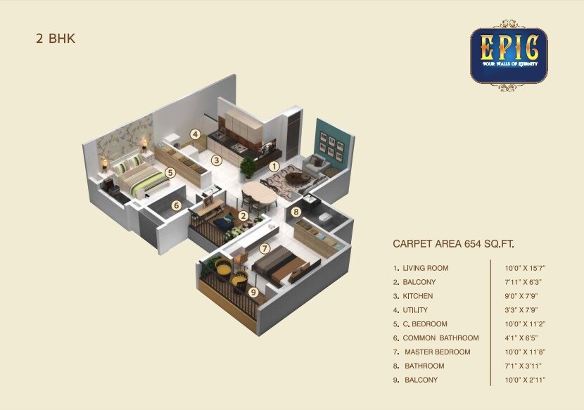 Floor plan of 2 BHK 654 Sq. Ft. Apartment in F5 Epic, Pune