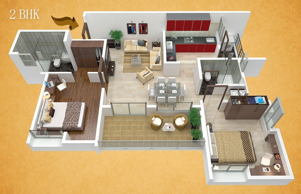 Floor plan of 2 BHK 681 Sq. Ft. Apartment in F5 Epic, Pune