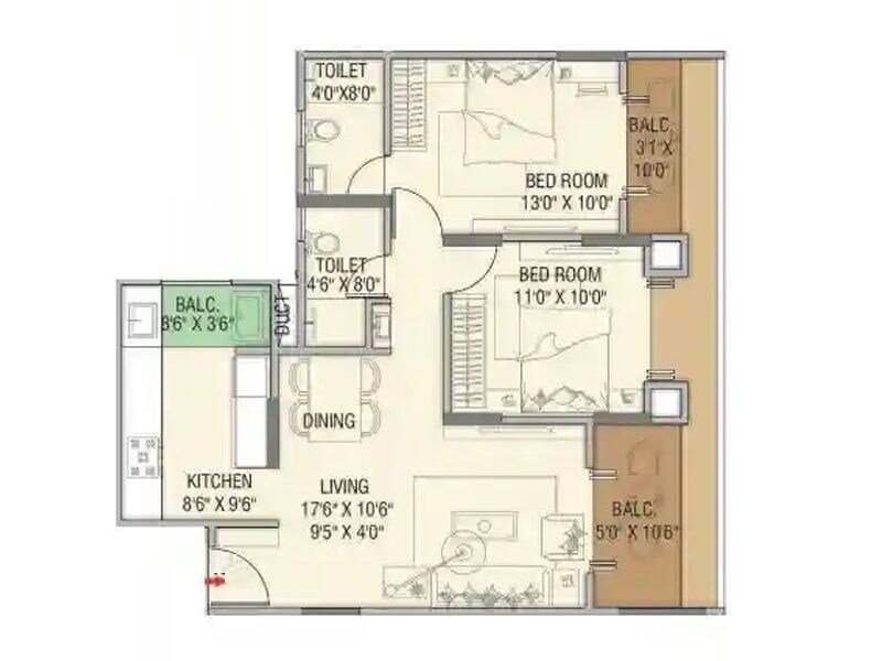 Floor plan of 2 BHK 762 Sq. Ft. Apartment in F5 Mindspace Residency, Pune
