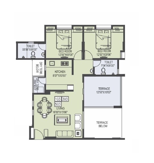 Floor plan of 2 BHK 716 Sq. Ft. Apartment in Favolosa, Pune