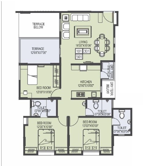 Floor plan of 3 BHK 920 Sq. Ft. Apartment in Favolosa, Pune