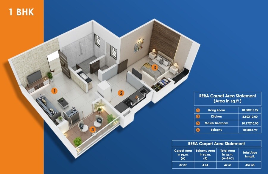 Floor plan of 1 BHK 458 Sq. Ft. Apartment in Five Bawdhan Business Hub, Pune