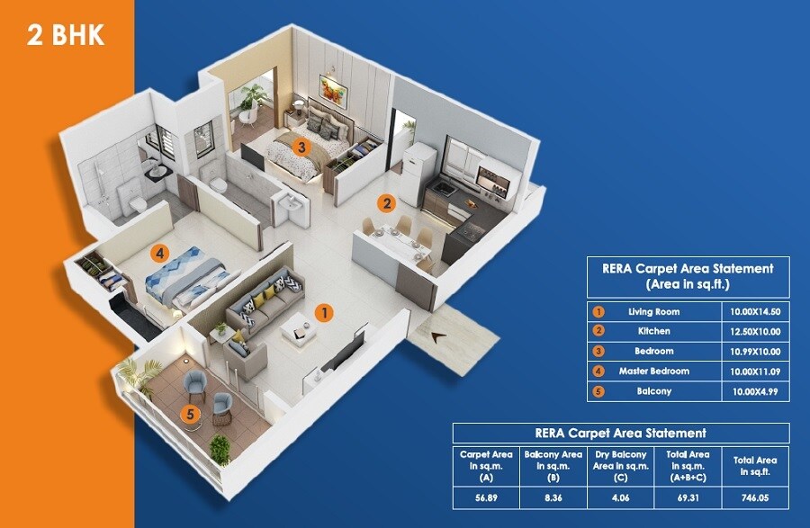 Floor plan of 2 BHK 746 Sq. Ft. Apartment in Five Bawdhan Business Hub, Pune