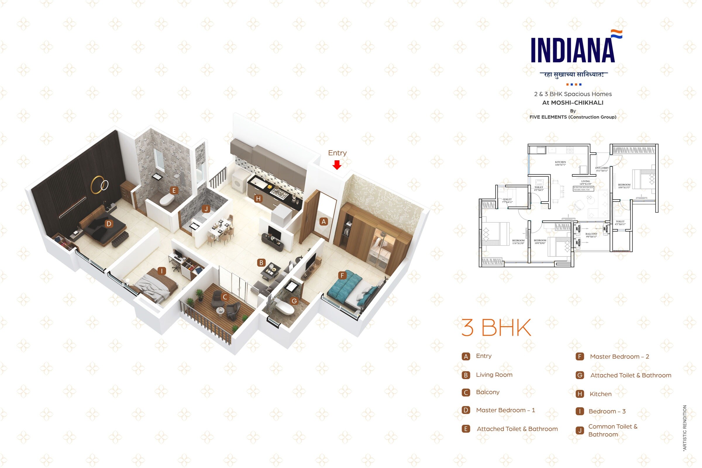 Floor plan of 3 BHK 925 Sq. Ft. Apartment in Five Elements Indiana, Pune