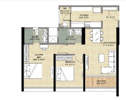 Floor plan of 2 BHK 683 Sq. Ft. Apartment in Forest Edge Phase 2, Pune