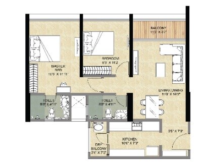 Floor plan of 2 BHK 699 Sq. Ft. Apartment in Forest Edge Phase 2, Pune