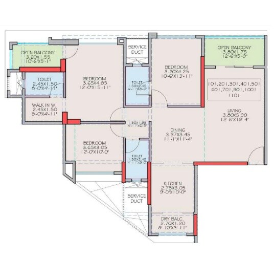 Floor plan of 3 BHK 1322 Sq. Ft. Apartment in Fortune Ankur Apartments, Pune