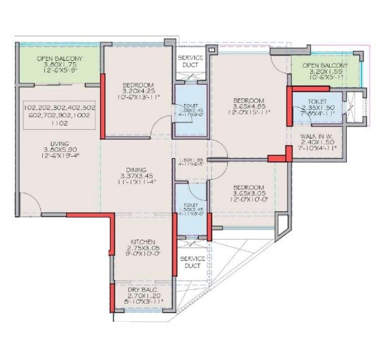 Floor plan of 3 BHK 1323 Sq. Ft. Apartment in Fortune Ankur Apartments, Pune